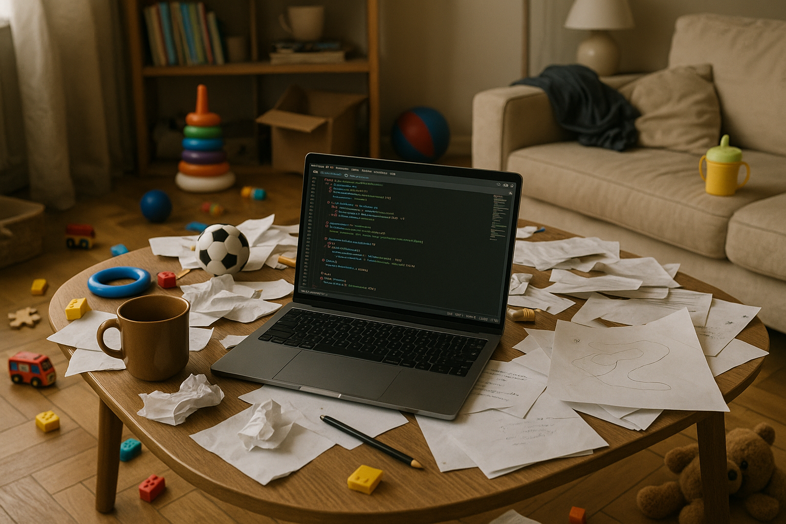 Laptop on desk in a messy house